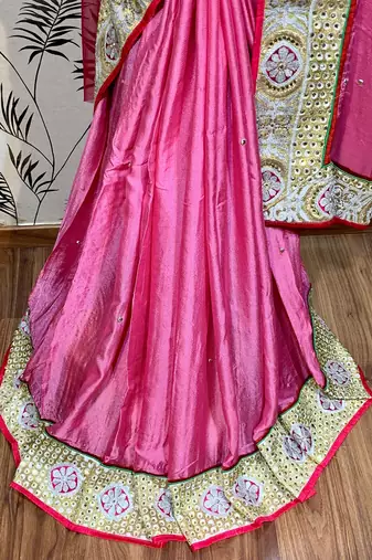 Fancy fabric party wear saree in pink with embroidery work & crystal stone work