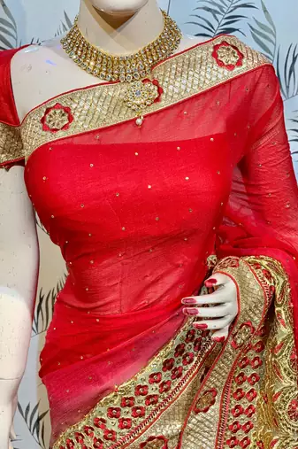 Chinon chiffon wedding wear saree in red with embroidery work & crystal stone work