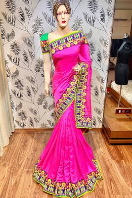 Fancy jacquard silk party wear saree in pink with embroidery work & crystal stone work 1