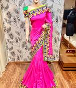 Fancy jacquard silk party wear saree in pink with embroidery work & crystal stone work