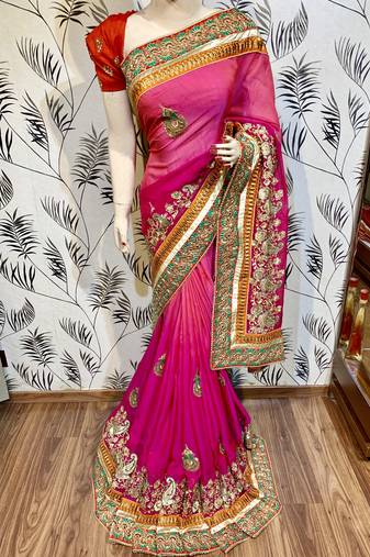 Heritage silk wedding wear saree in pink color with embroidery work & crystal stone work