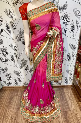 Heritage silk wedding wear saree in pink color with embroidery work & crystal stone work
