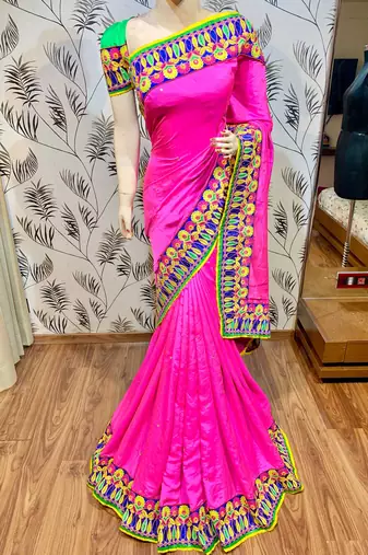 Fancy jacquard silk party wear saree in pink with embroidery work & crystal stone work