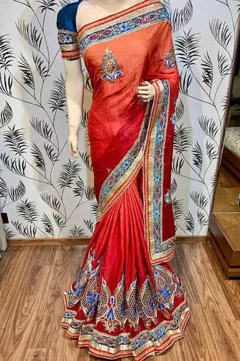 Fancy jacquard silk party wear saree in red with embroidery work & crystal stone work