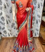 Fancy jacquard silk party wear saree in red with embroidery work & crystal stone work