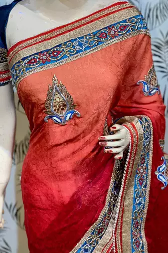 Fancy jacquard silk party wear saree in red with embroidery work & crystal stone work