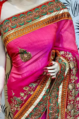 Heritage silk wedding wear saree in pink color with embroidery work & crystal stone work