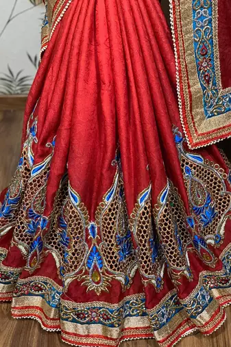 Fancy jacquard silk party wear saree in red with embroidery work & crystal stone work