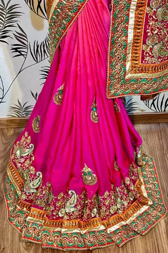 Heritage silk wedding wear saree in pink color with embroidery work & crystal stone work