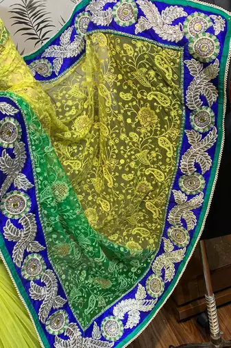 Soft premium net party wear saree in green with embroidery work & crystal stone work