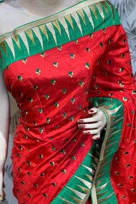 Pure silk party wear saree in red color with embroidery work 3