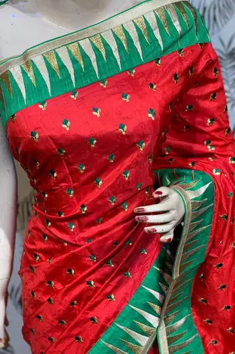 Pure silk party wear saree in red color with embroidery work