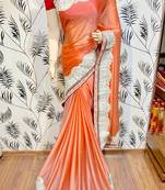 Fancy fabric silk party wear saree in peach with embroidery work & crystal stone work