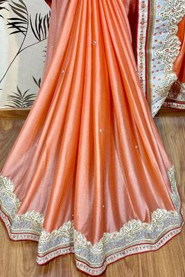 Fancy fabric silk party wear saree in peach with embroidery work & crystal stone work 2