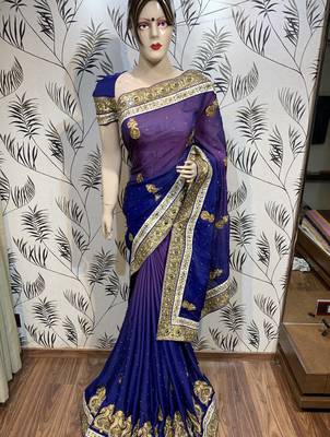 Pure shadow silk party wear saree in blue with embroidery work & crystal stone work 1