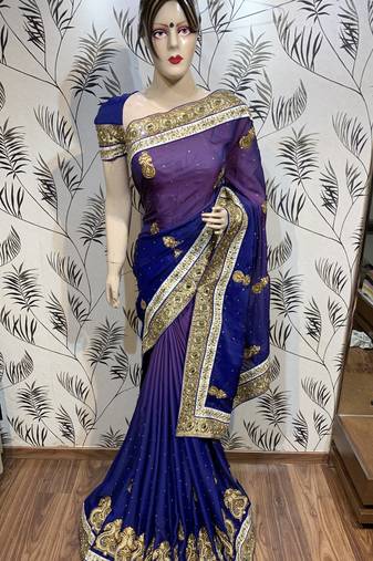 Pure shadow silk party wear saree in blue with embroidery work & crystal stone work