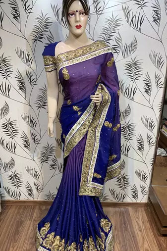 Pure shadow silk party wear saree in blue with embroidery work & crystal stone work