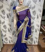Pure shadow silk party wear saree in blue with embroidery work & crystal stone work