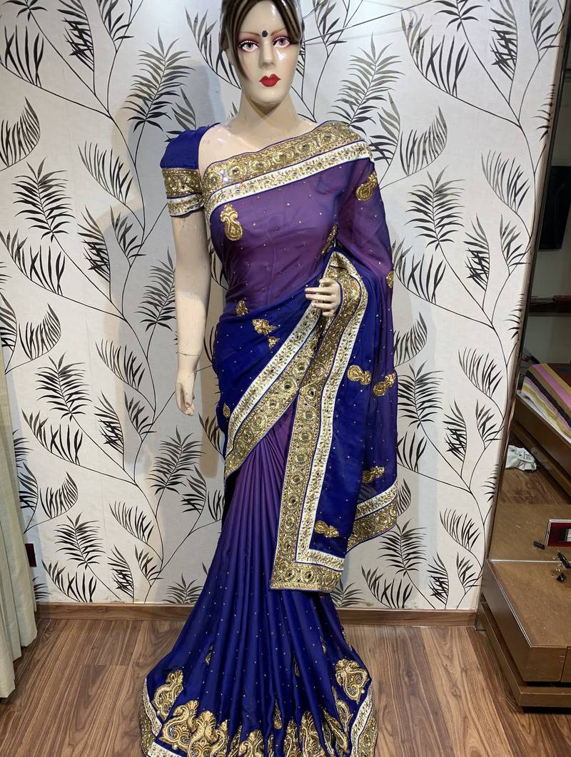 Pure shadow silk party wear saree in blue with embroidery work & crystal stone work