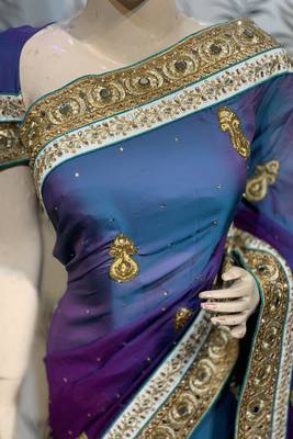 Pure shadow silk party wear saree in blue with embroidery work & crystal stone work 2