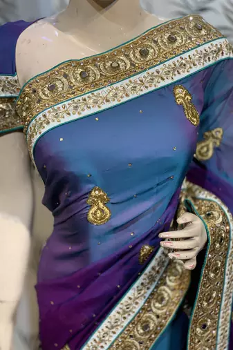 Pure shadow silk party wear saree in blue with embroidery work & crystal stone work