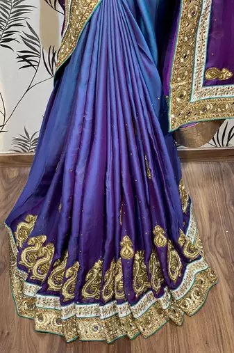 Pure shadow silk party wear saree in blue with embroidery work & crystal stone work