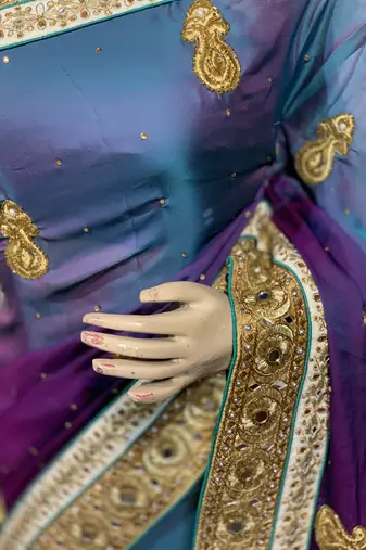 Pure shadow silk party wear saree in blue with embroidery work & crystal stone work