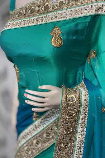 Pure shadow silk party wear saree in green with embroidery work & crystal stone work