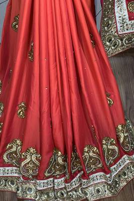 Pure shadow silk party wear saree in orange with embroidery work & crystal stone work 4