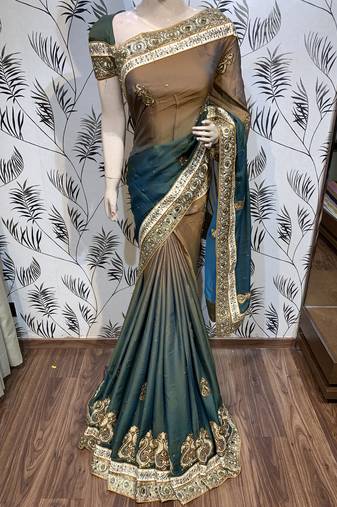 Pure shadow silk party wear saree in brown with embroidery work & crystal stone work