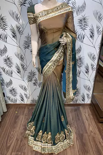 Pure shadow silk party wear saree in brown with embroidery work & crystal stone work
