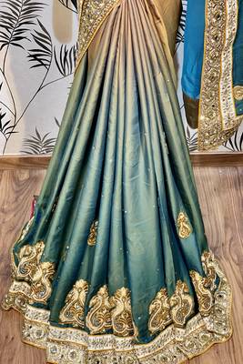Pure shadow silk party wear saree in brown with embroidery work & crystal stone work 3