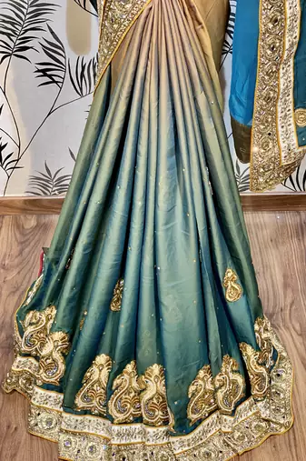 Pure shadow silk party wear saree in brown with embroidery work & crystal stone work