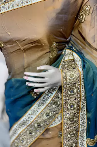 Pure shadow silk party wear saree in brown with embroidery work & crystal stone work