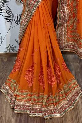 Pure georgette party wear saree in orange with embroidery work & crystal stone work 3