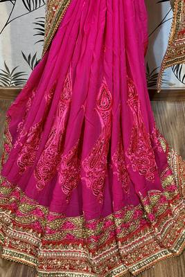 Pure georgette party wear saree in pink with embroidery work & crystal stone work 3