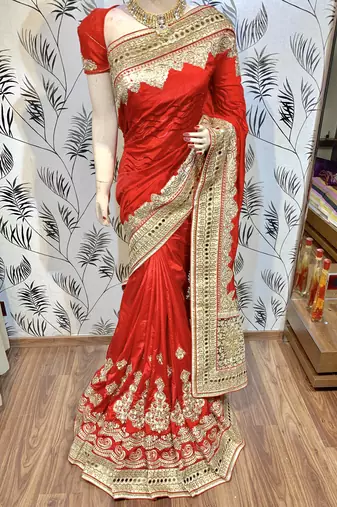 Pure silk party wear saree in red with embroidery work & crystal stone work