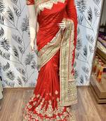 Pure silk party wear saree in red with embroidery work & crystal stone work