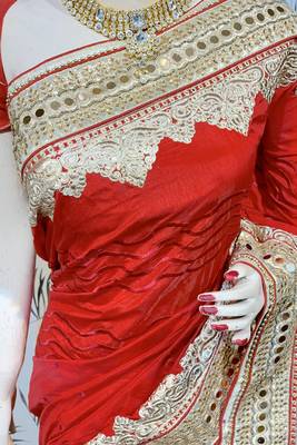 Pure silk party wear saree in red with embroidery work & crystal stone work 2