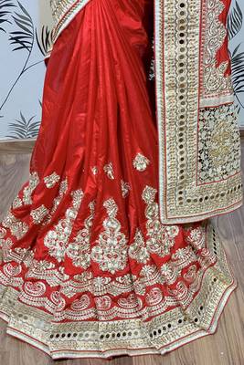Pure silk party wear saree in red with embroidery work & crystal stone work 3