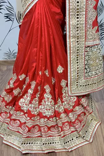 Pure silk party wear saree in red with embroidery work & crystal stone work