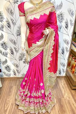 Pure silk party wear saree in pink with embroidery work & crystal stone work 1