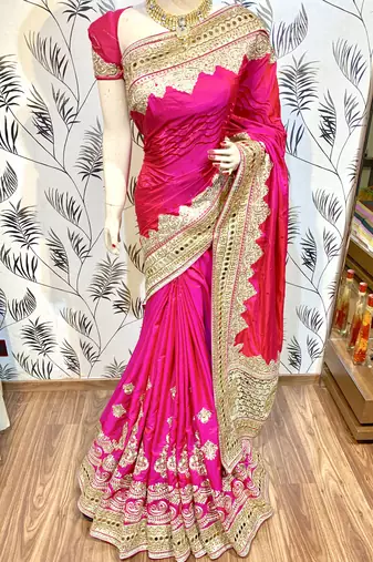 Pure silk party wear saree in pink with embroidery work & crystal stone work