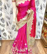 Pure silk party wear saree in pink with embroidery work & crystal stone work
