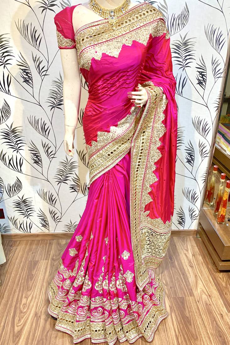 Pure silk party wear saree in pink with embroidery work & crystal stone work