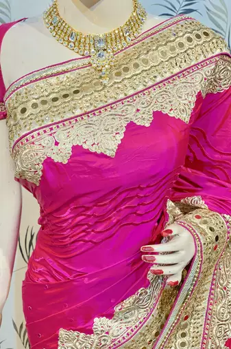 Pure silk party wear saree in pink with embroidery work & crystal stone work