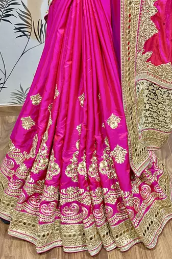 Pure silk party wear saree in pink with embroidery work & crystal stone work
