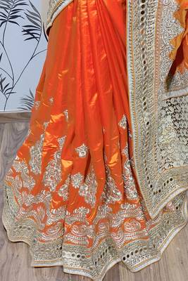 Pure silk party wear saree in orange with embroidery work & crystal stone work 3