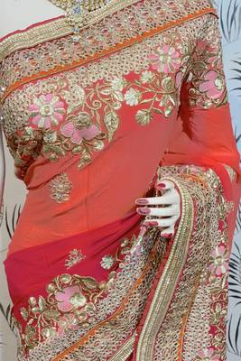 Pure georgette party wear saree in red with embroidery work & crystal stone work 2