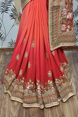 Pure georgette party wear saree in red with embroidery work & crystal stone work 3